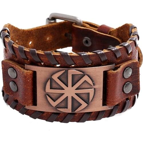 Jessingshow Slavic Sun Wheel Talisman Charm Bracelet Leather Wrap Cuff Bracelet for Man Women Wicca Jewelry Accessories
