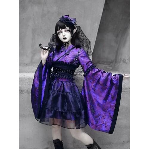 Purple Butterfly Print Long Flare Sleeve Ball Gown Skirt Set Gothic Lolita Punk Vibration Sleeve Japan Song Ji Kimono Suit
