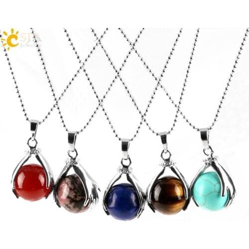 CSJA Natural Round Ball Gem Stone Beads Silver Color Hands Palm Necklaces Pendants Reiki Chakra Healing Women Men Jewelry E452