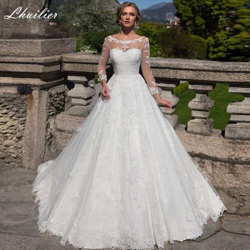 Lhuilier A Line Scoop Neck Lace Appliques Wedding Dresses 2021 Full Sleeves V-Back Floor Length Bridal Gowns Court Train