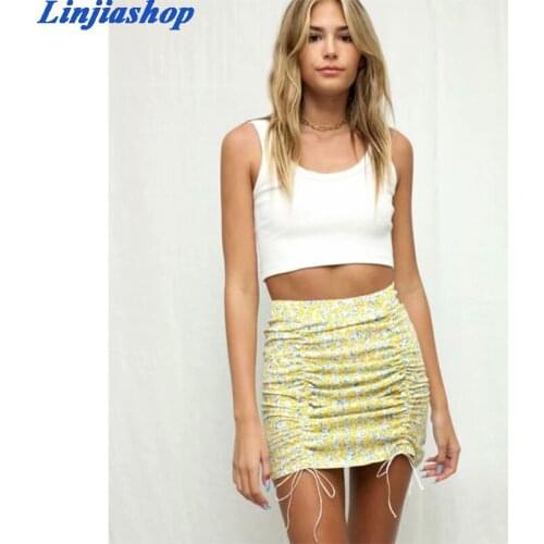 Elegant casual floral print mini skirt summer streetwear zipper slim tulle pensil skirt drawstring bloggers vestidos