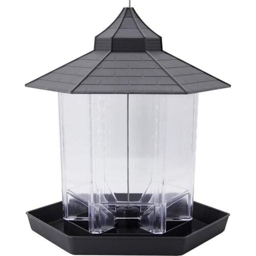 Panorama Bird Feeder, Hexagon Shaped with Roof Hanging Bird Feeder for Garden Yard Decoration (Grey)