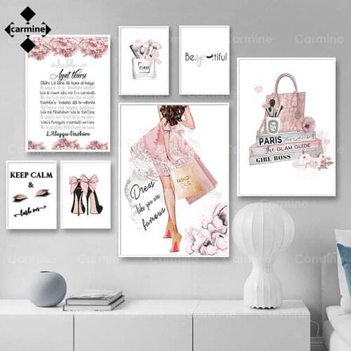 Luxury High Heels Bag Canvas Painting Fashionable Makeup Wall Art Poster Pink Beauty Salon Girls Room Decoration Creative Prints
