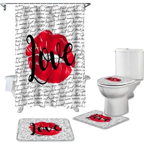 Lip Print Love Hand Drawn Text Shower Curtains Set Bath Mat Set Toilet Cover Bathroom Accessories Bathroom Rug Set