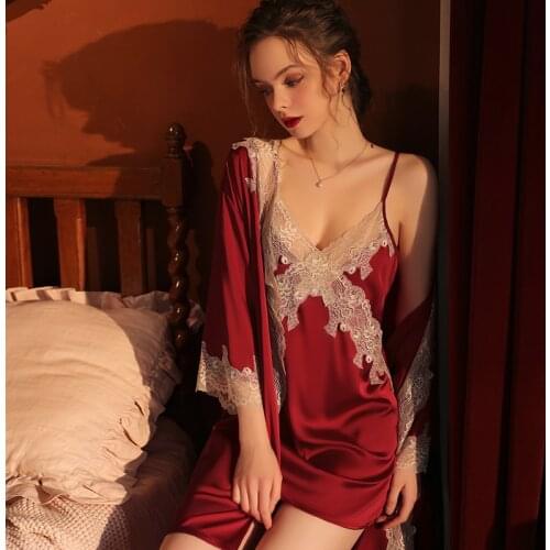Sexy Lace Satin Splice Sleepwear Elegant Ice Silky Robe Temptation Bathrobe Solid Comfortable Night Gown Summer Thin Pajamas Set