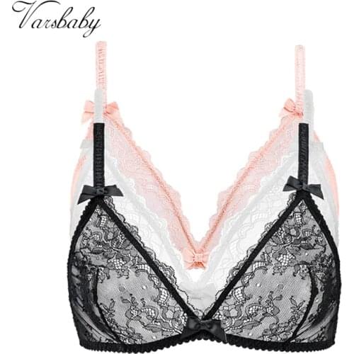 Varsbaby 3PCS/lot Sexy Lace Wire Free Bra Ultra Thin See Through Underwear Bow-knot Fashion Comfortable Plus Size