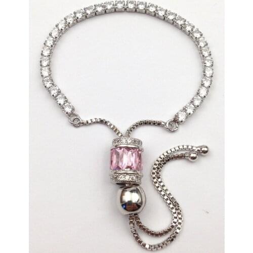 YA2897 Sparkling Zircon Stone Pink Zircon Drums Spacer Silver plated Bracelet Link Tennis Bracelet Adjustable Unfading Silver