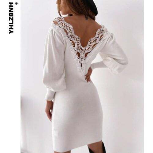 YHLZBNH Autumn Woemn Dress Sexy Backless Hollow Lace Stitch V-Neck Long Lantern Sleeve Slim Dress Bodycon Dresses Femme Robe