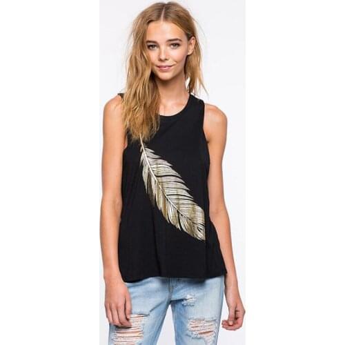 Bronzing Feather Black Women T Shirt Sleeveless Easy To Match Fashion Female Tees Clothes F130