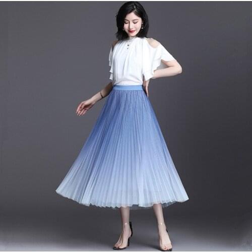 Fashion New Summer Ladies Free Size Elastic High Waist A-Line Gradient Shiny Mesh Pleated Long Skirt Elegant Women Party Skirts
