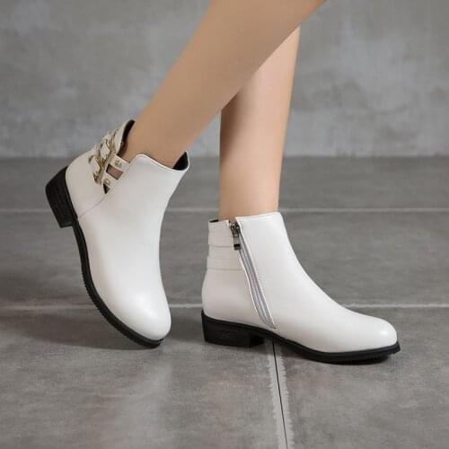 YQBTDL 2020 Autumn White Black Boots Chunky Heels Buckle Biker Daily Ankle Boots for Women Booties Large Size 34-43 Ladies Shoes