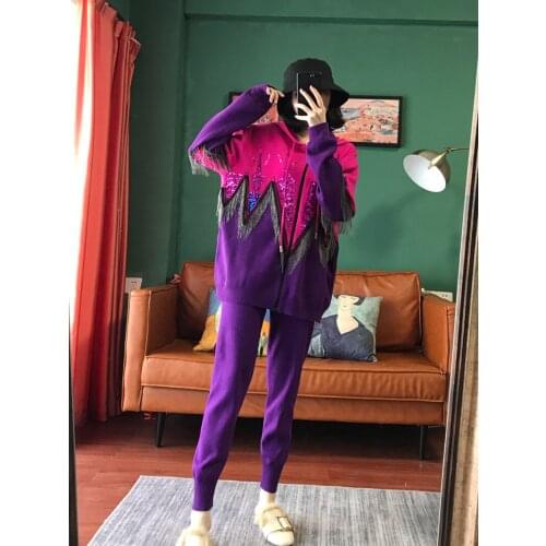 Womens suit 2021 autumn new temperament knitted suit large size heavy industry stitching fashionable 2-piece set