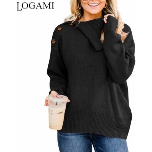 LOGAMI Lapel Pullover Women 2020 Autumn and Winter Womens Asymmetry Button Casual Knit Sweater Jumper