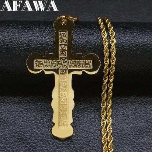 2021 Stainless Steel Cross Chain Necklaces Women Gold Color Long Statement Necklace Jewelry acero inoxidable joyeria N4298S02