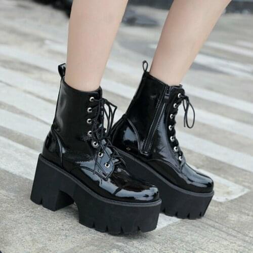 Winter Womens Boots High Heel Ankle Boots Lace-up Motorcycle Single Boots Patent Leather Platform Boots