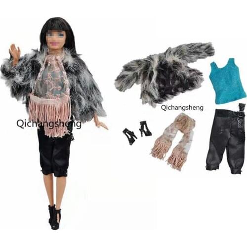 11.5" Fashion Winter Gray Fur Coat Jacket Scarf Tank Trousers Shoes 1/6 BJD Clothes For Barbie Doll Outfit Dollhouse Accessories