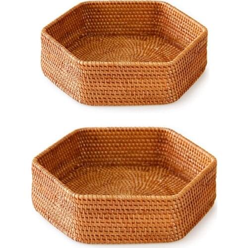 2PCS Hexagonal Decorative Rattan Wicker Woven Tray Basket, For Coffee Table And Ottoman Decor, Small & Medium