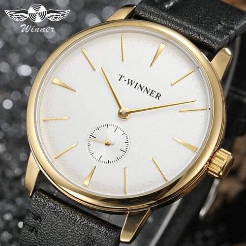 T-WINNER fashion simple casual mens and womens watches white dial gold case black strap mechanical watch For Men