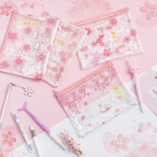 Kawaii Cherry Blossoms Grid Bling Bling A4 File Folder Desk Document Organizer Bag Office School Papers Storage Case Stationery