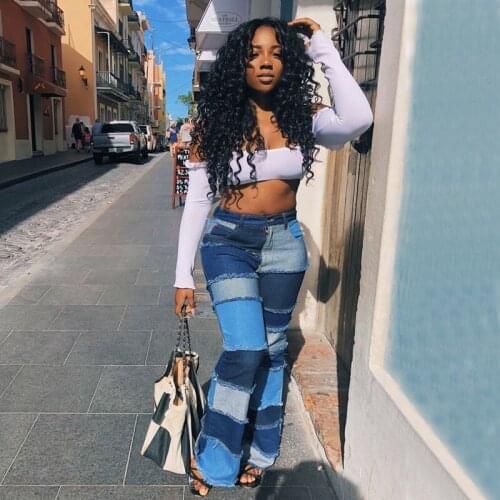 Color Block High Waist Flare Jeans With Pockets 2020 Streetwear Sexy Ladies Trousers Bell Bottoms Skinny Denim Jean Pants