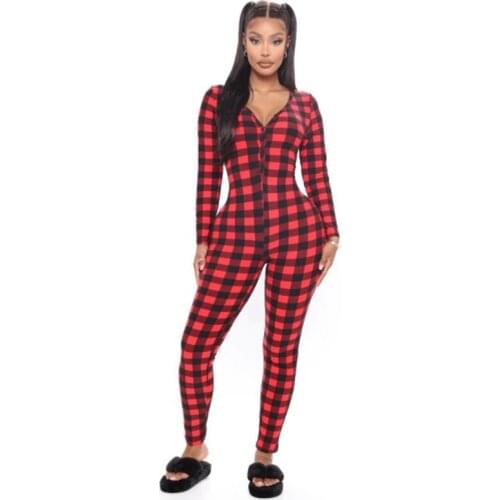 Womens Romper Christmas Rompers Womens Jumpsuit Plaid Jumpsuit Elastic Casual Long Sleeve V-Neck Buttons Sleepwear Homewear