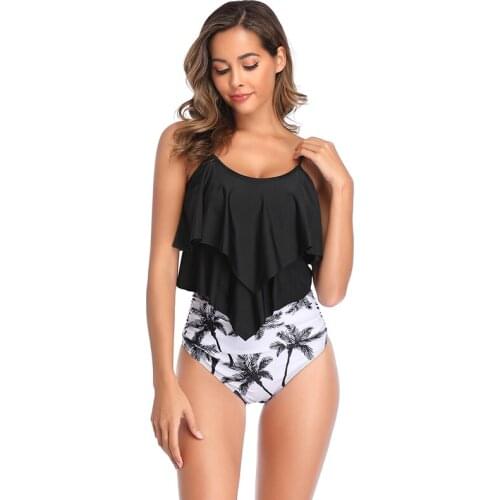 Two Pieces Swimsuit For Women Floral Print Ruffle High Waist Ladies Beach Holiday Sexy Plus Size Bikini Swimwear Summer 2021