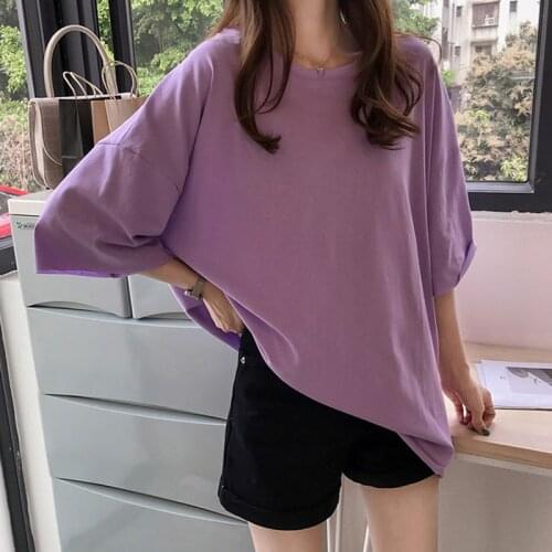 Candy Color Womens T-shirt Short Sleeve Loose Half-sleeved Top Oversized Comfortable Simple Round Neck Blouse Casual Summer