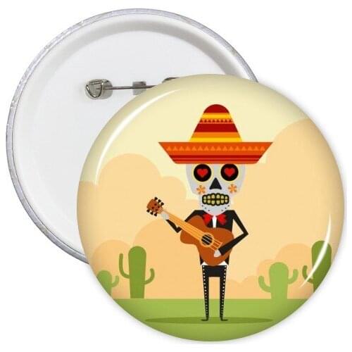 Cactus Hat Skull Playing Guitar Mexico Happy The Day Of Dead Illustration Round Pins Badge Button Clothing Decoration Gift 5pcs