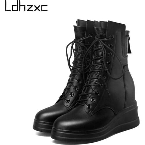 LDHZXC Black New Winter Boots Women Shoes 100% Nature Cow Leather Thick High Heel Warm Snow Boots Lace Up Platform Ankle Boots