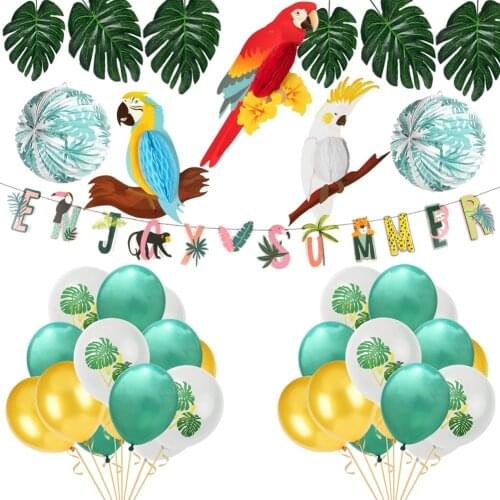 Summer Party Decoration Kit Honeycomb Hanging Parrot Artificial Tropical Leaves Latex Balloon Paper Lantern Enjoy Summer Banner