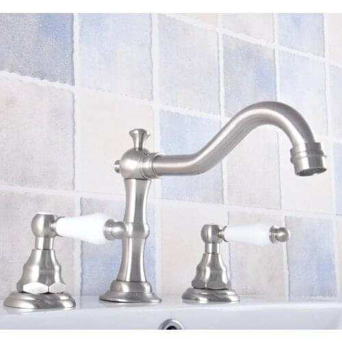 Brushed Nickel Widespread Basin Faucet Dual Handle Bathroom Sink Mixer Tap 3 Holes Hot and Cold Water Lavatory Sink Taps