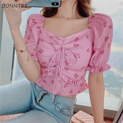 Lovely Blouse Women Puff Sleeve Summer Korean Style Cozy Sexy Square Collar Slim Printed Fashion Casual Party Hot Girls Female