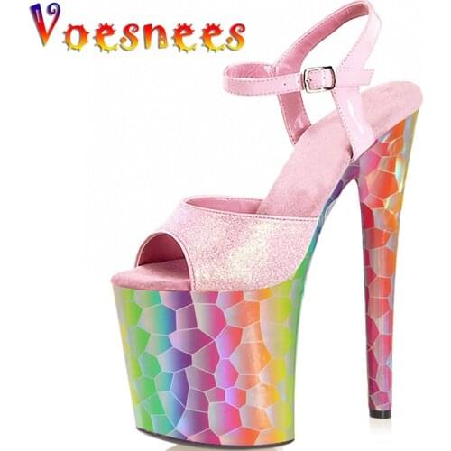 Model Walk Show Nightclub Women Shoes Color Geometric Sandals Platform Peep Toe Thin High Heels Sequins Pole Dance Party Shoes