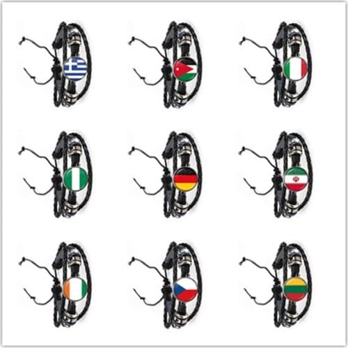 National Flag Glass Cabochon Bracelet Greece,Jordan,Italy,Nigeria,Germany,Iran,Czech Republic,Lithuania Leather Bangle For Gift