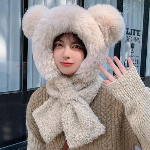 New Women Cute Bear Ears Wear Hat High Quality Add Fur Lined Loosely Winter Hat Stylish Knitted Beanie Hats For Women Warm Cap