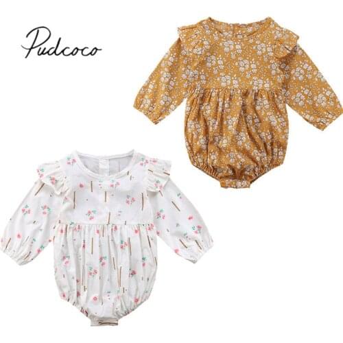 2018 Brand New Autumn Toddler Kids Baby Girls Bodysuits Long Sleeve Floral Print Ruffles Jumpsuits Playsuit Outfit 0-3Y 2 Color