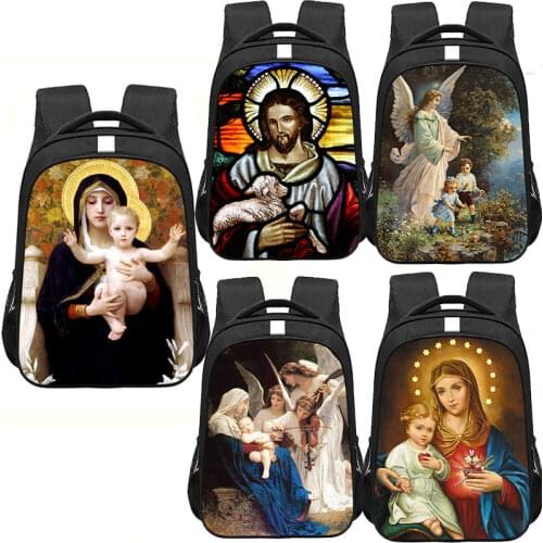 Oil Painting Jesus Angel Watching Over Kids Backpack Women Travel Bag Virgin Mary Baby Schoolbags High-capacity Computer package