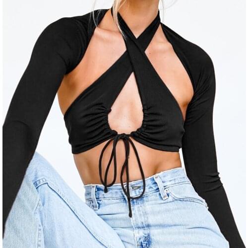 Sexy Two Piece Set T-shirt Women Green Summer Halter Hollow Out Knitted Crop Top Ladies Casual Long Sleeve Tee Shirt