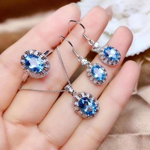 Natural blue topaz ring Pendant Earrings Natural Gemstone Jewelry Set S925 Silver Restoring round Flower Women party gift