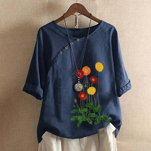 Women Plus Size Tops Floral Printed Linen Shirts Loose Button Pullover Tunic Shirt Blouse Tops O-neck Short Sleeve Oversized Top
