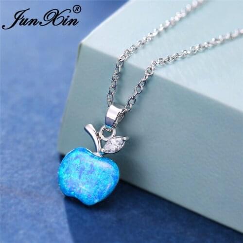 Cute Fruit Apple Pendant Blue White Fire Opal Necklaces For Women White Gold Rainbow Birthstone Wedding Necklace Summer Jewelry