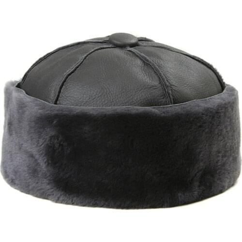 Winter Genuine Leather Hat Integrated Melon Hat Thick Warm Real Sheepskin Landlord Hat Sailor Leather No Brim Round Fur Hat