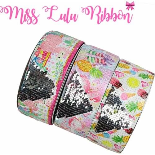 3"75mm Fruits Ice Cream Cute Alpaca Cartoon Pink Flamingo Double Reversible Silver Sequin Ribbon Hair Bow Making 46yards