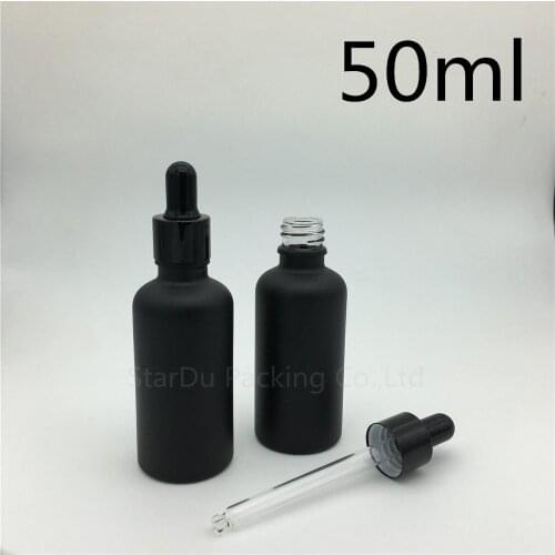 Free shipping 10pcs 50ml black frosted glass essential oil bottle with black aluminum ring dropper glass perfume bottle