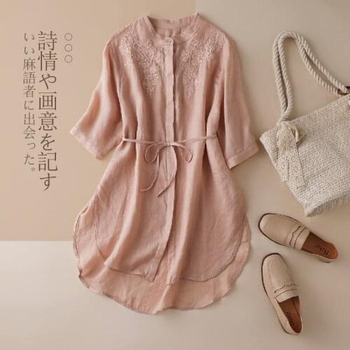 Blouse Women Embroidered Cotton Shirt Womens Summer Long round Neck Shirt Lace-up Top Blusas Mujer De Moda