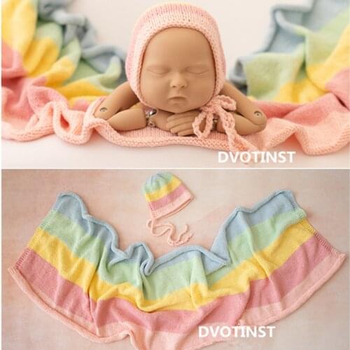 Dvotinst Newborn Baby Photography Props Soft Knitted Rainbow Sugar Color Wraps Hat 2pcs Studio Shooting Accessories Photo Props
