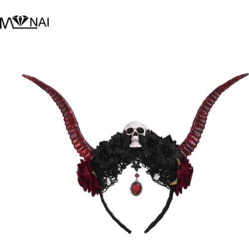 Punk Blood Red Antelope Horn Headdress Gothic Skull Flowers Headband Props Steampunk Party Festival Halloween Horn headpiece
