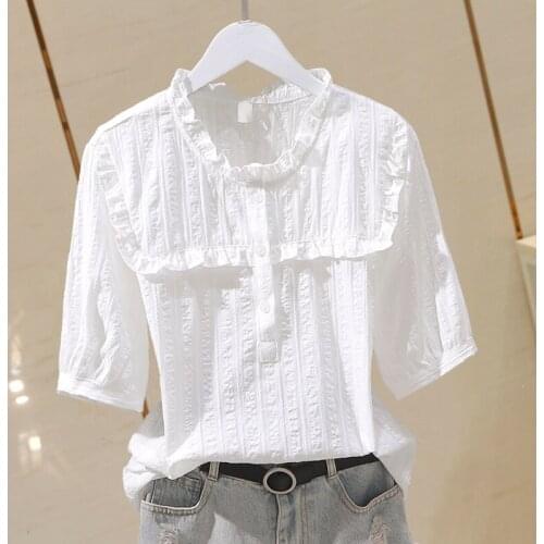 Cotton 100% White Women Shirts Summer New Design 2021 Ruffles Neck Half Sleeved Slim Solid Loose Office Lady Work Blouse Tops