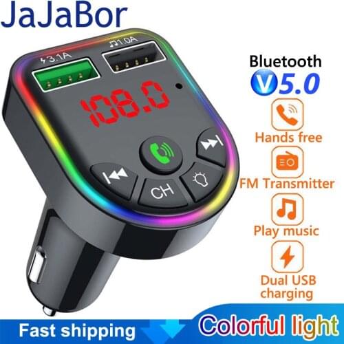 JaJaBor Bluetooth 5.0 Car Kit Handsfree Wireless FM Transmitter Colorful Bluetooth MP3 Player Car Charger Dual USB Phone Charger