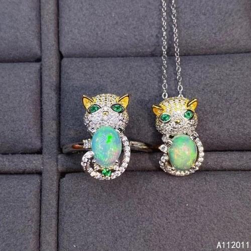 KJJEAXCMY Fine Jewelry 925 sterling silver inlaid natural opal female ring pendant set lovely cat Support detection